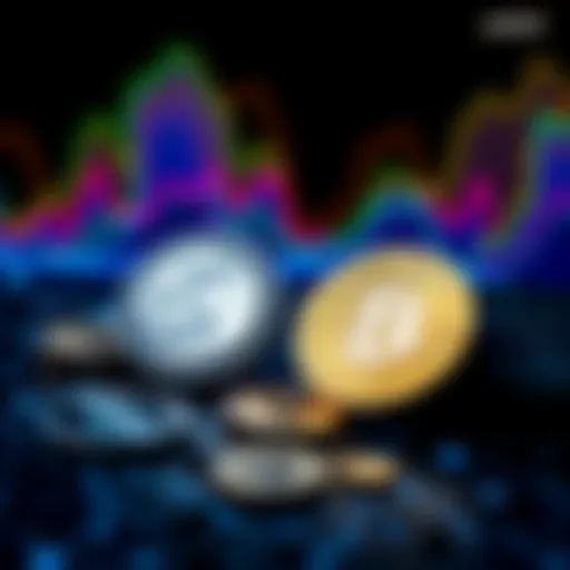 A visual comparison of MOON tokens and Bitcoin coins on a colorful background