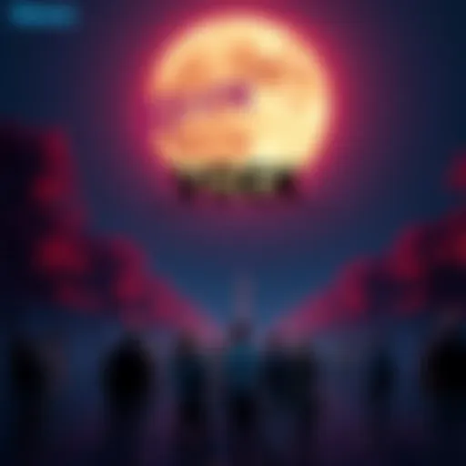 A graphic showing a full moon with voting symbols and people discussing in a community setting.