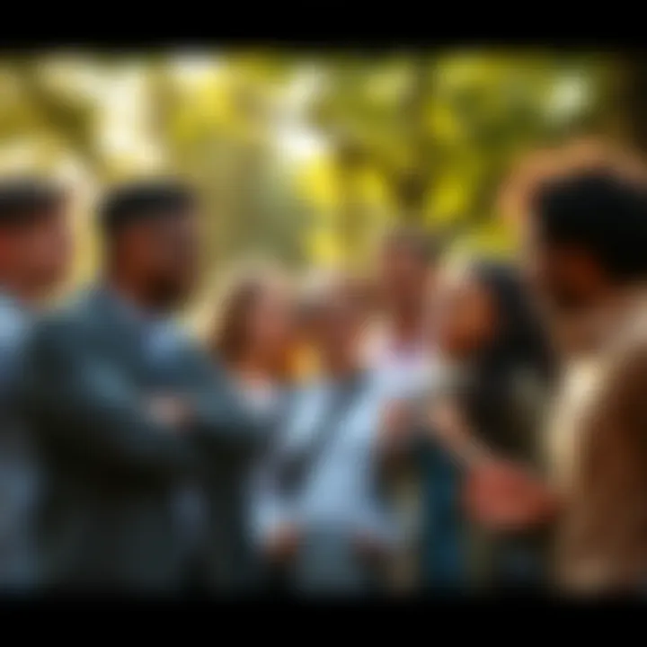 Morning Greetings A group of diverse people smiling and greeting each other in a sunny park during morning hours
