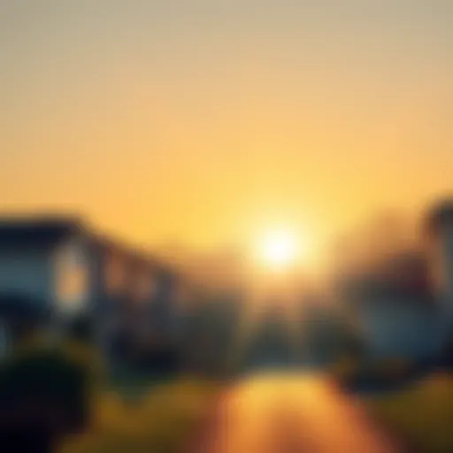 A bright sunrise with rays of light shining over a quiet neighborhood, symbolizing a fresh start to the day.