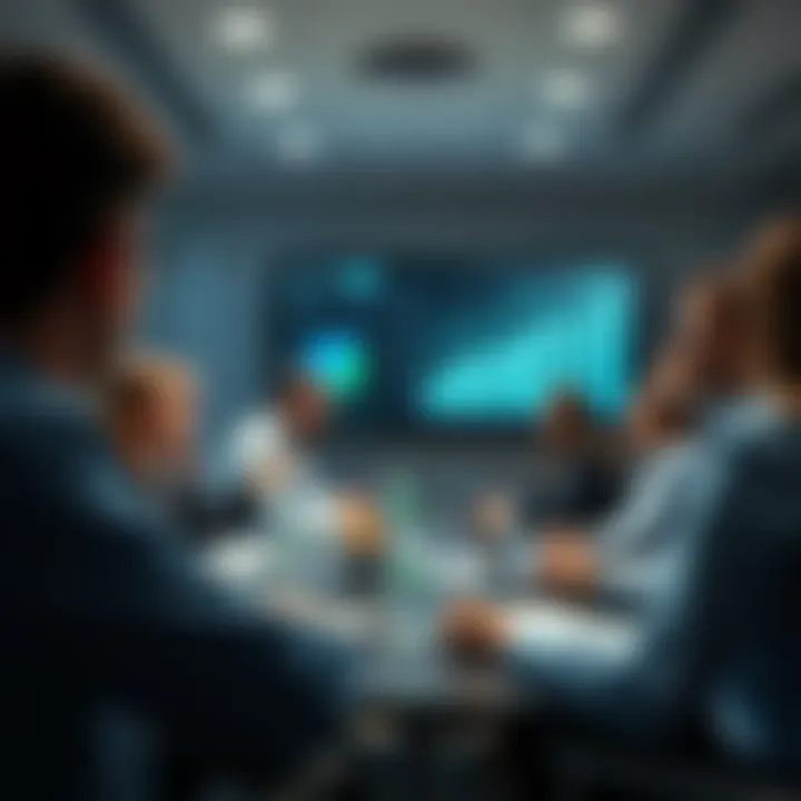 A business meeting where people discuss financial incentives with charts showing growth on a screen