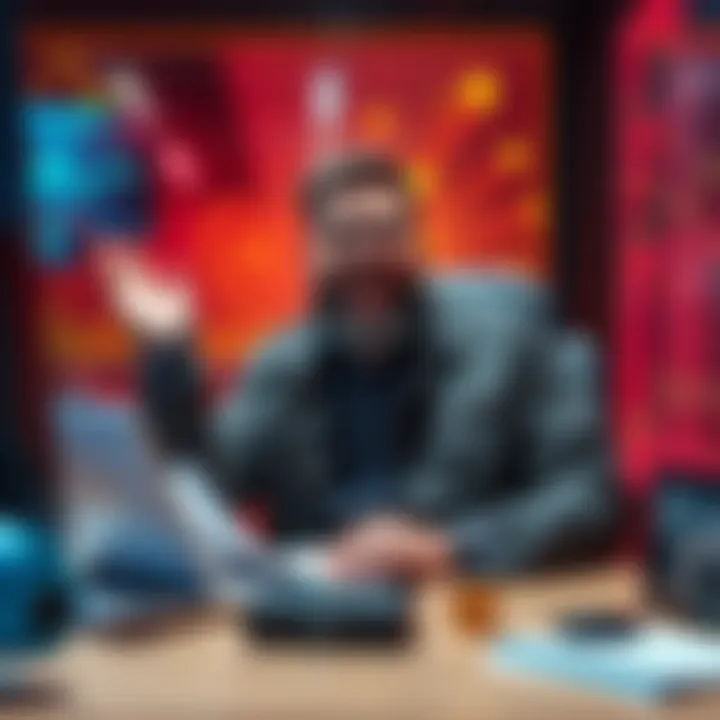 MrBeast Exploring Crypto MrBeast sitting at a desk with cryptocurrency symbols and financial charts around him, looking excited about new ventures.