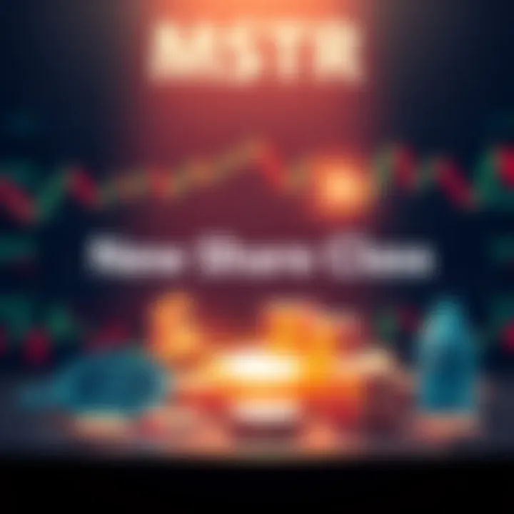Graphic showing MSTR's new stock share class with monthly dividends concept, featuring stock market icons and dollar signs.