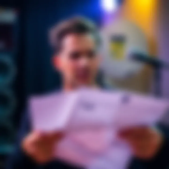 A musician looking worried while holding tax documents and cryptocurrency charts showing a decline.