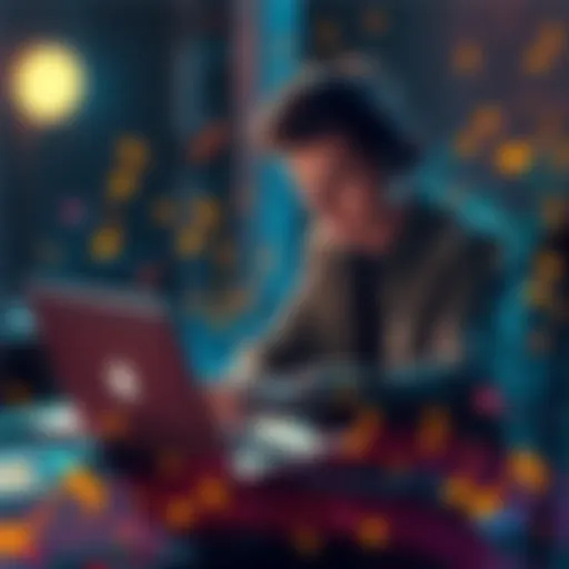 A musician working on a laptop, creating NFTs for their music, surrounded by digital art and music notes, representing the Web3 space.
