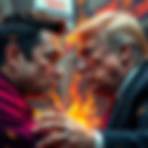 Elon Musk and Donald Trump in a heated discussion, representing the impact of individual actions on financial markets.
