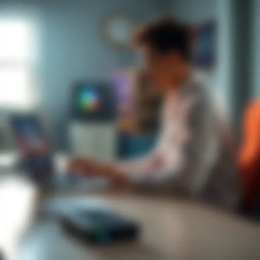 A person sitting at a desk with a laptop, installing applications for their new Nebra miner, with the miner device beside them.
