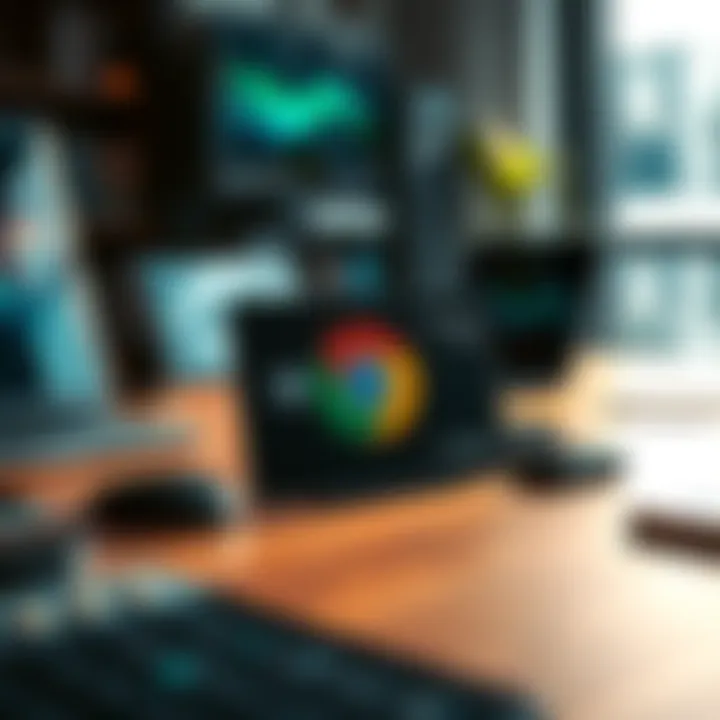 A close-up of a new Chrome card on a table, surrounded by digital devices