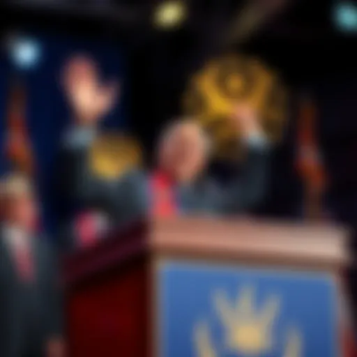 Newly elected mayor standing at the podium during the inauguration ceremony, smiling and waving to the crowd.