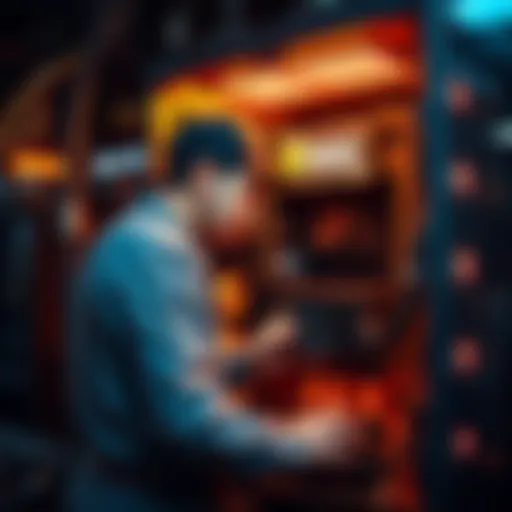 A worker setting up a new ASIC miner in a mining rig with clear specifications and support on display.