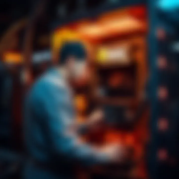 A worker setting up a new ASIC miner in a mining rig with clear specifications and support on display.