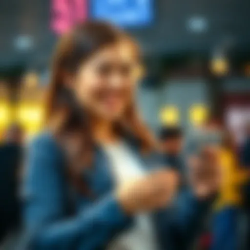 A cheerful intern is smiling while holding a smartphone, ready to engage followers on social media.