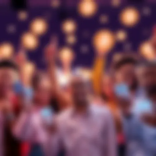 A group of diverse individuals celebrating the KYC movement, holding digital devices with blockchain symbols in the background.