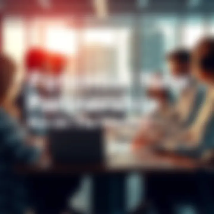 A group of diverse business people discussing potential partnerships over a conference table with charts and a laptop in view.