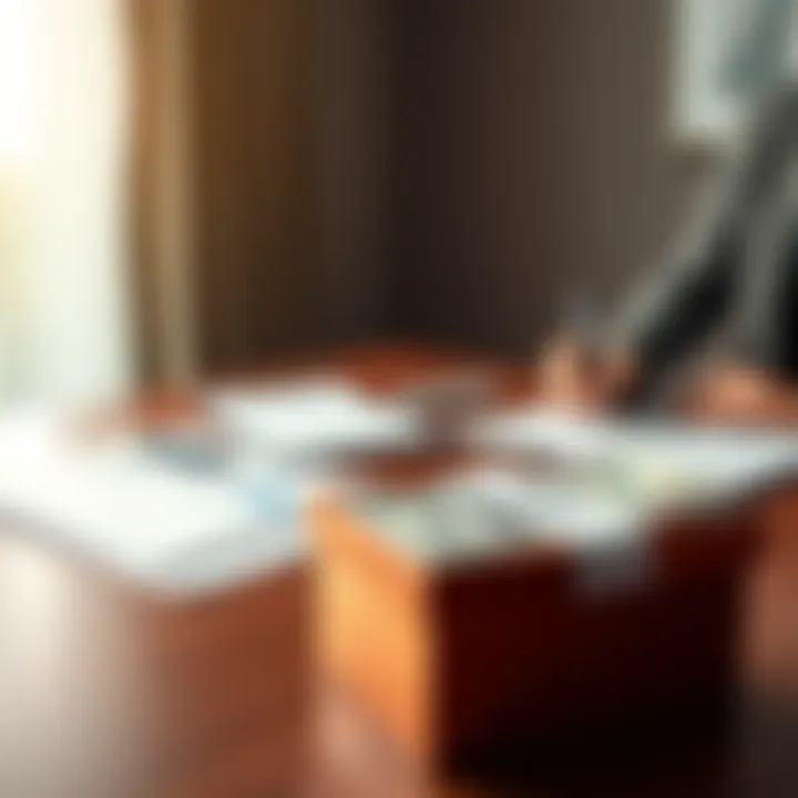 A business meeting with financial documents and a cash donation box on the table