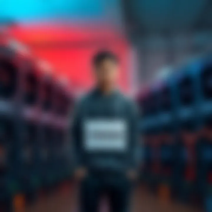 A beginner stands beside 30 mining rigs labeled 7985WX, looking for advice on setup and mining pools, with a hopeful expression.