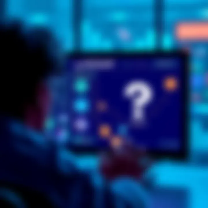 A person looking at a computer screen with crypto icons and a question mark, indicating their search for help in buying MUTUUM via Moonpay