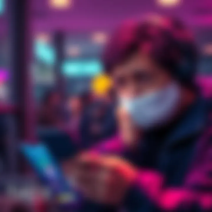 A frustrated user looking at a phone displaying the Nexo app, waiting for card updates