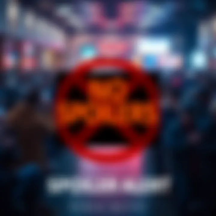 A bold sign reading 'No Spoilers' in bright colors, set against a blurred background of a crowd waiting for updates, creating a sense of anticipation.