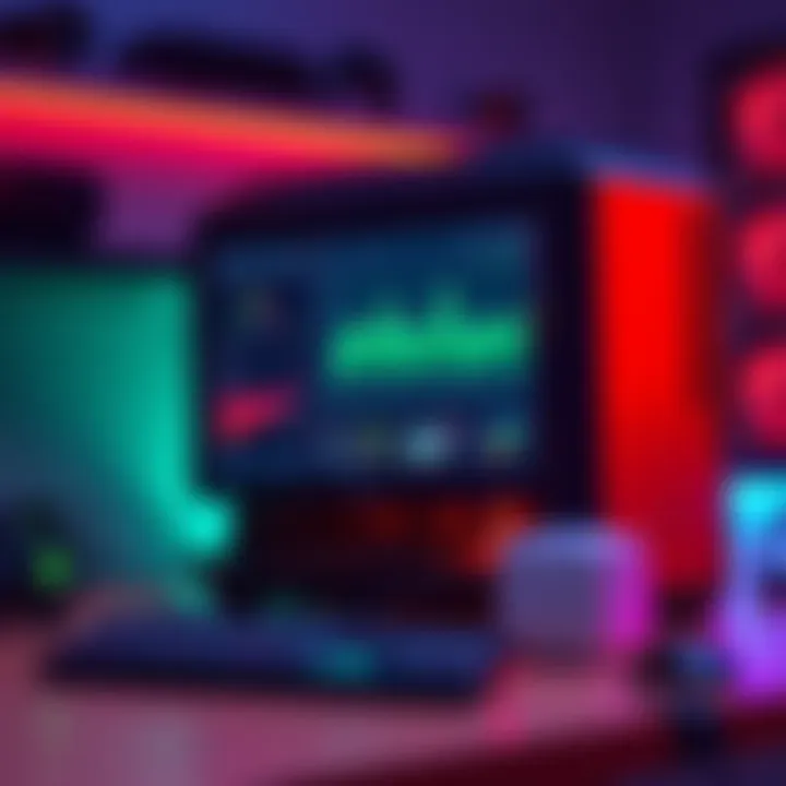 A personal gaming PC with a node application open on the screen, showing performance metrics and multitasking features.