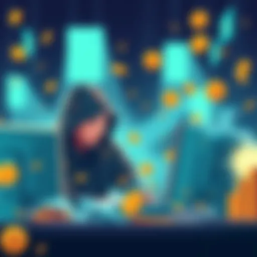 Illustration showing North Korean hackers working on computers, with cryptocurrency symbols and money flowing through digital channels.