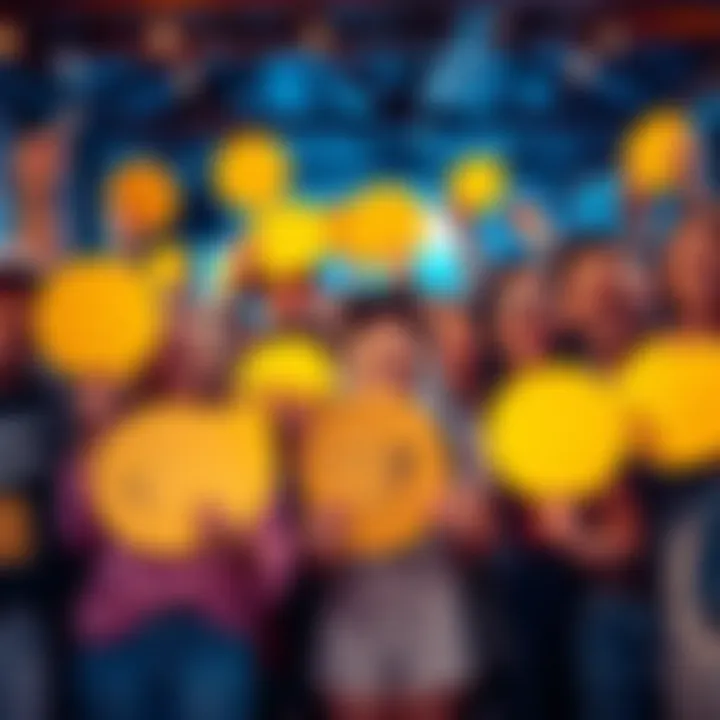 A group of cheerful people holding Dogecoin signs, celebrating together with smiles. The atmosphere is friendly and fun, reflecting a sense of community and kindness.