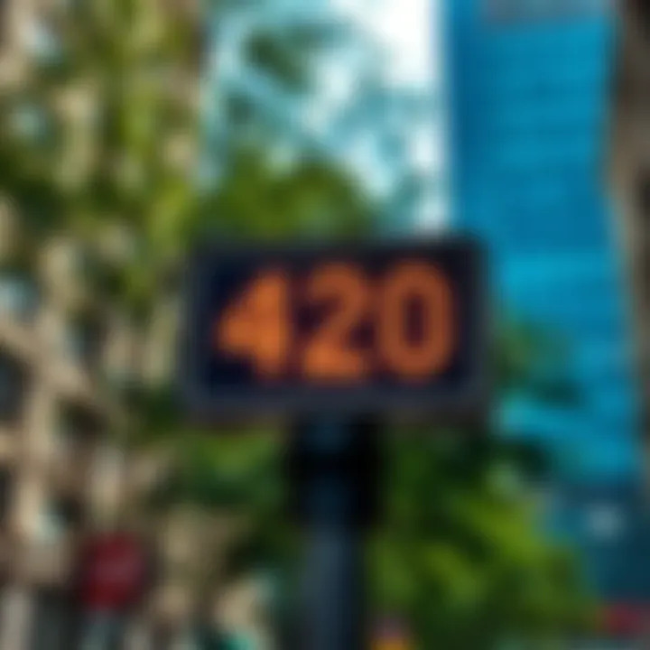A street sign prominently displaying the number 420, surrounded by trees and buildings in an urban setting.