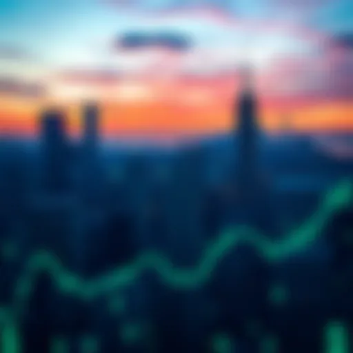 A view of the New York City skyline featuring financial symbols like dollar signs and stock charts, representing DCA apps and investment options.