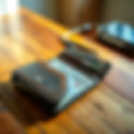 An old wallet from 2014 opened on a wooden table showing some cash and cards inside