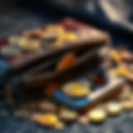 A close-up of an old wallet filled with coins and a smartphone displaying cryptocurrency values