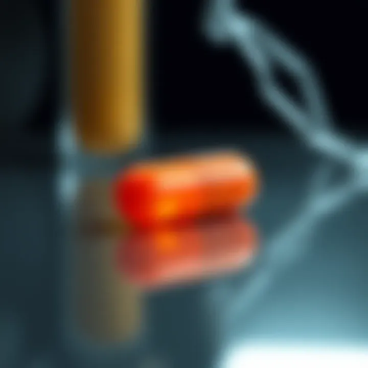 A close-up of an orange pill resting on a reflective surface, symbolizing choices and societal perspectives.