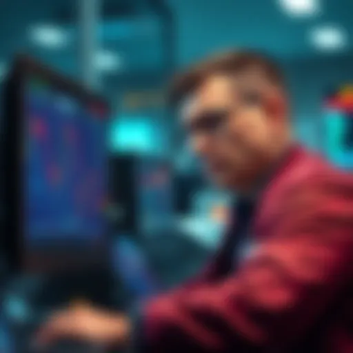 A trader looks stressed while checking stock prices on a computer; a graph shows a downward trend followed by a quick rise.