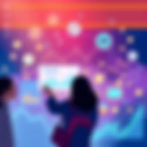 Illustration showing people exploring income opportunities with PulseChain icons and graphs