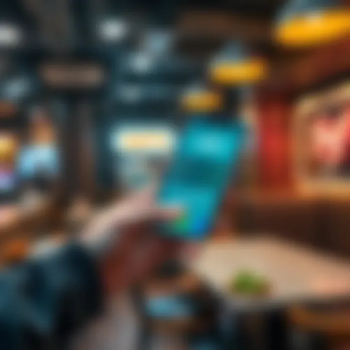 A person handing over a smartphone displaying a cryptocurrency wallet to pay for a burger at a restaurant