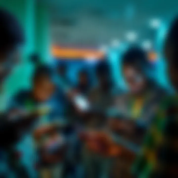 Group of people making transactions with smartphones in Zambia, showcasing peer-to-peer electronic cash usage