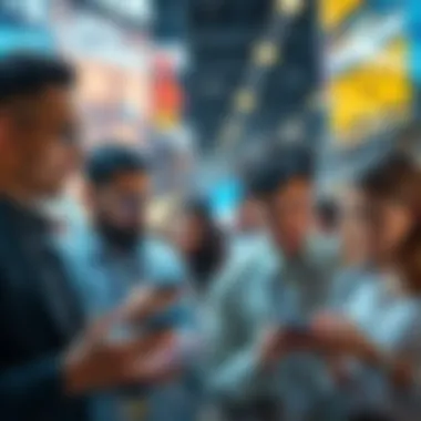 Group of people looking confused while using digital finance tools on their devices