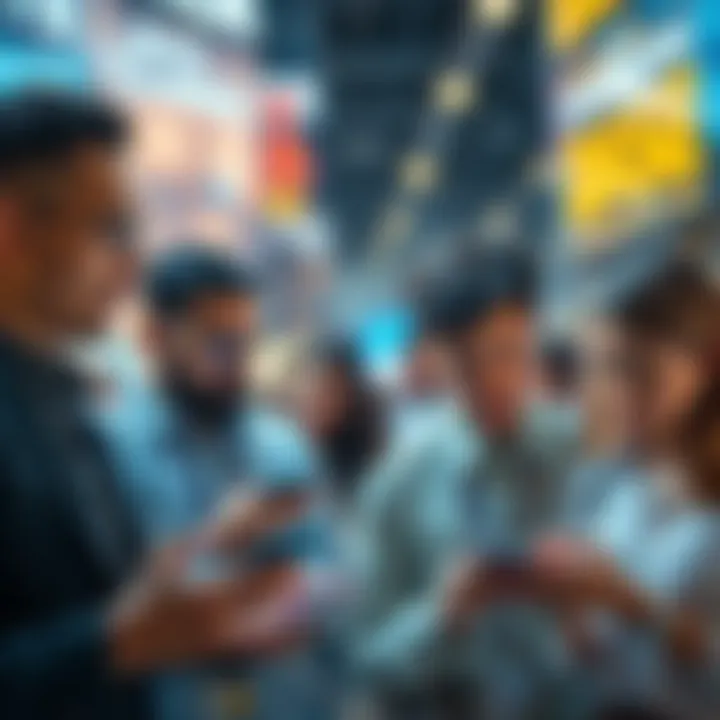 Group of people looking confused while using digital finance tools on their devices