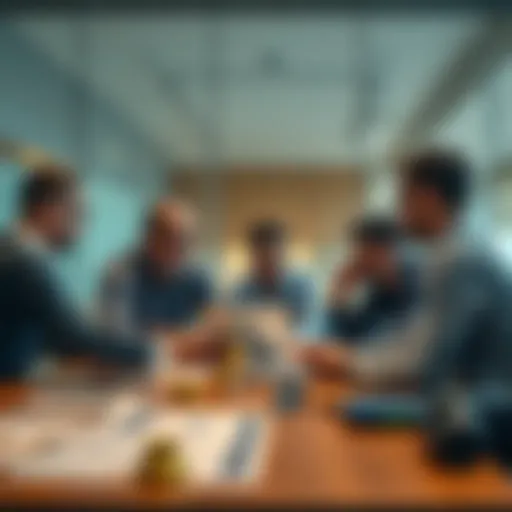A group of people engaged in a conversation about Bitcoin and investing while sitting around a table with charts and laptops