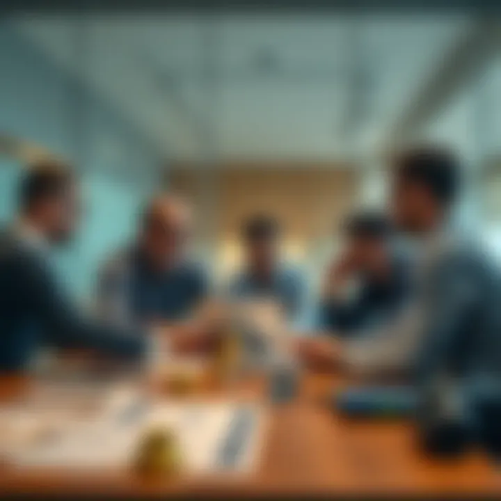 A group of people engaged in a conversation about Bitcoin and investing while sitting around a table with charts and laptops