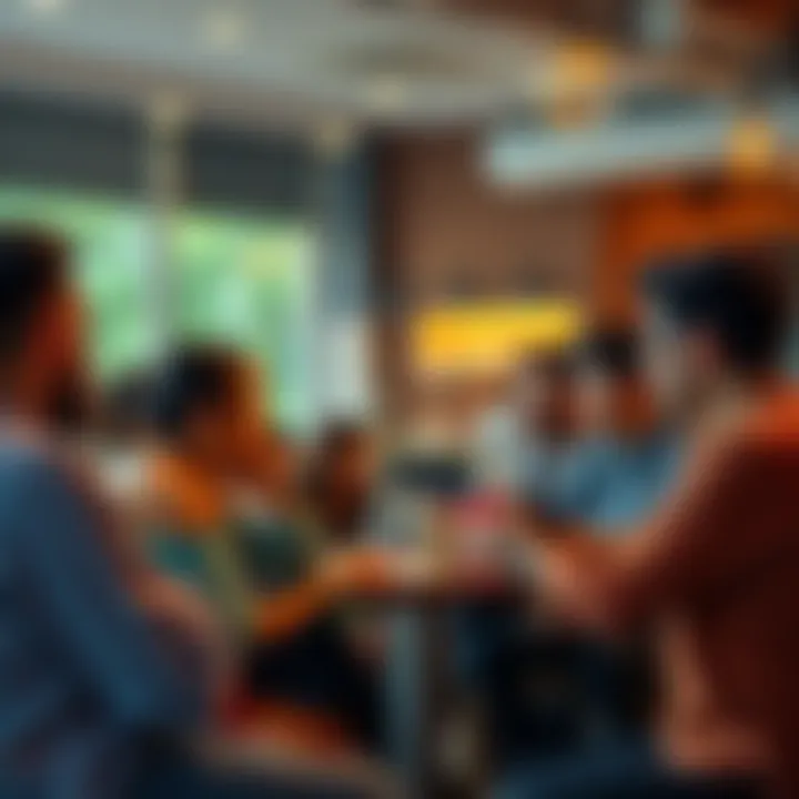 People discussing key topics A group of people engaged in a lively discussion about various topics in a casual setting