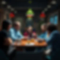 A small group of people sitting around a table, sharing ideas and laughing while looking at meme-related content on their devices