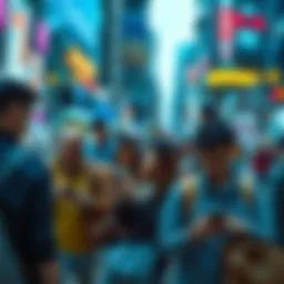 A group of people using various technologies such as smartphones, tablets, and laptops in a busy urban setting, highlighting the mixed reception of new tech.