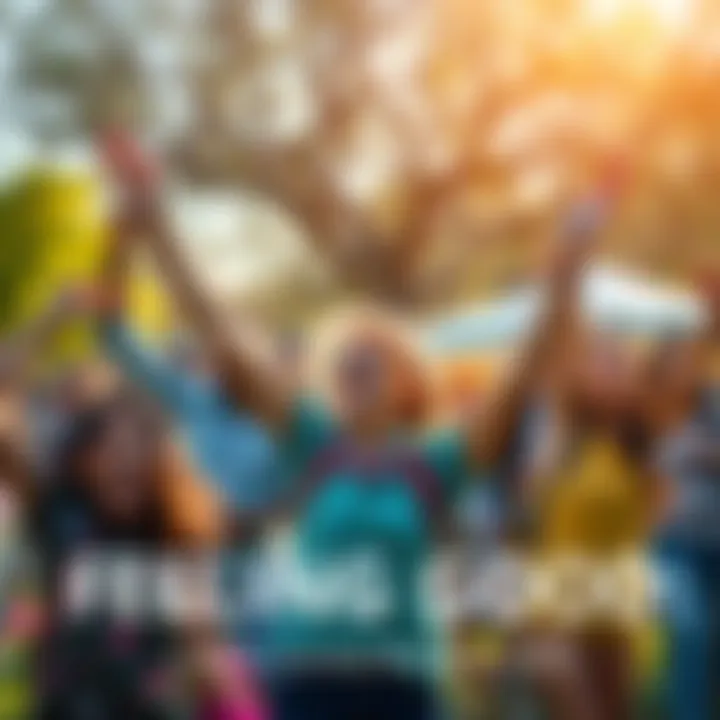 A diverse group of people celebrating and engaging in joyful activities in a vibrant community park, highlighting a sense of well-being and connection