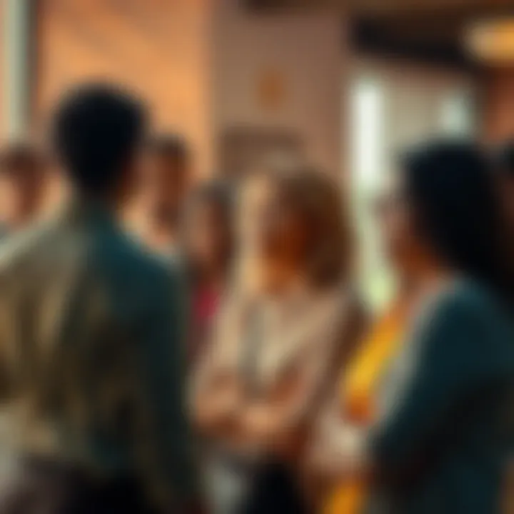 A group of diverse people looking concerned and discussing their recent losses together in a community space.