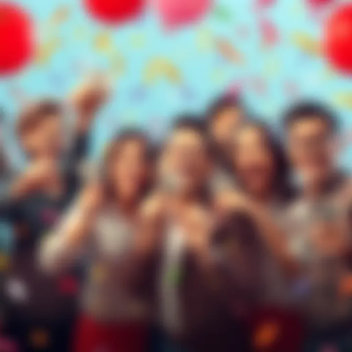 A group of cheerful people holding cash with big smiles, celebrating a small financial gain, surrounded by confetti and balloons.