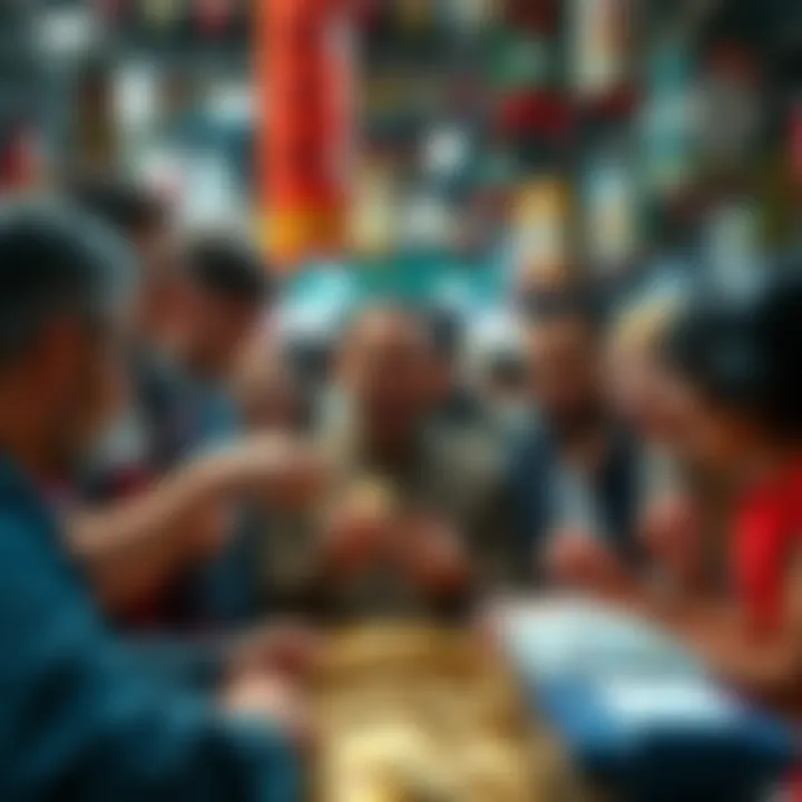 A group of diverse people excitedly discussing and exchanging internet coins at a vibrant market setting