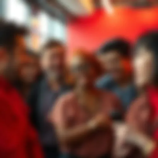 A group of people expressing mixed emotions about the color red in a lively discussion, some showing frustration and others laughing.