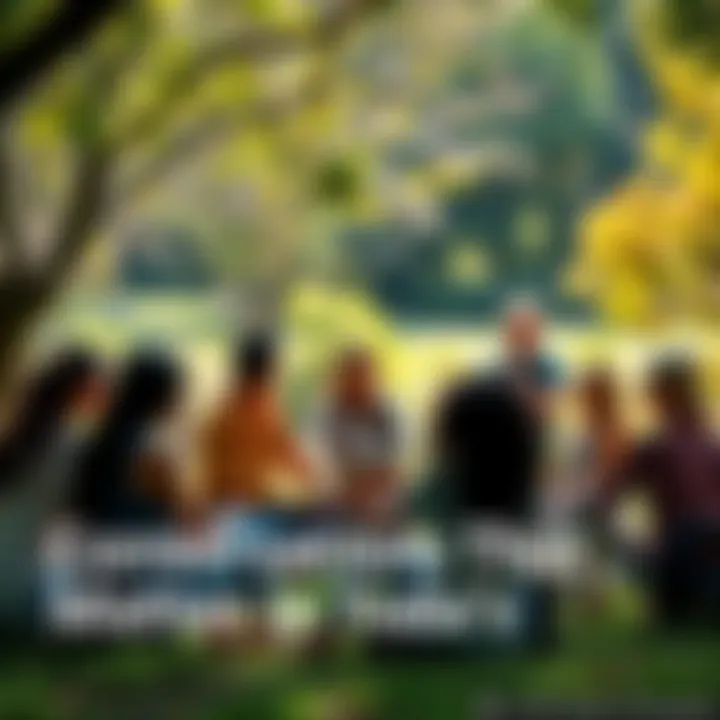 People Engaging in Discussion A diverse group of people sitting in a circle, actively talking and listening to each other, surrounded by nature, representing open dialogue in a community.