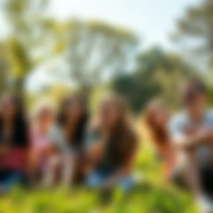 A group of people smiling and enjoying a sunny day in a park, surrounded by trees and green grass