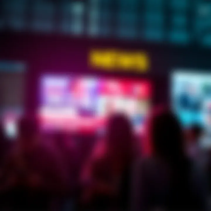 People Ignoring News A group of people scrolling on their phones, looking disengaged as important news headlines flash on a screen nearby.